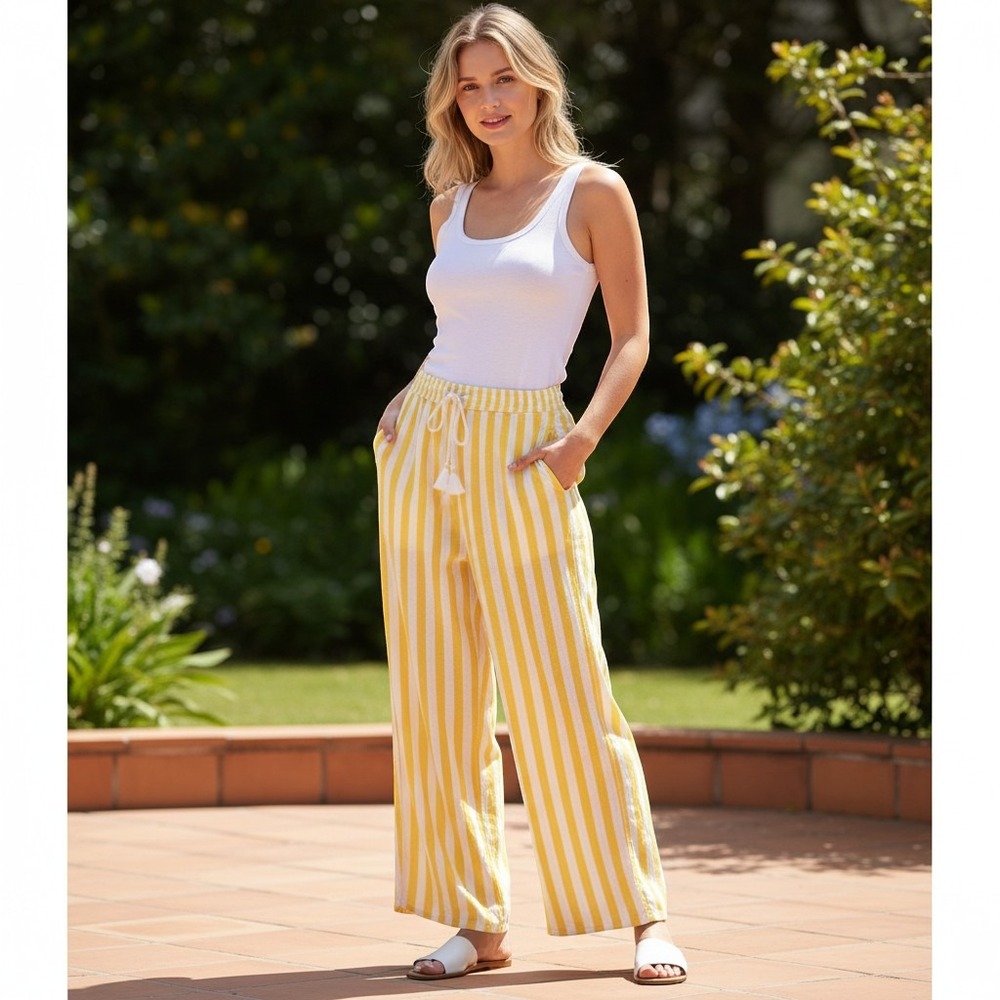 Abercrombie & Fitch Wide Leg Pants Womens XL Yellow Striped Coastal Boho Tassel